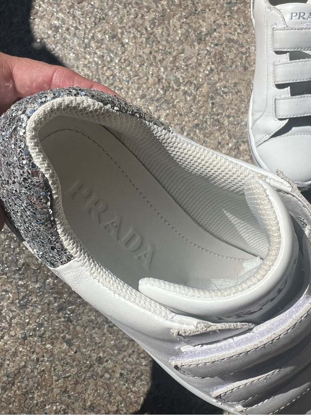 PRADA White Kids Leather Sneakers with Silver Glitter Heel - Picture 8 of 10